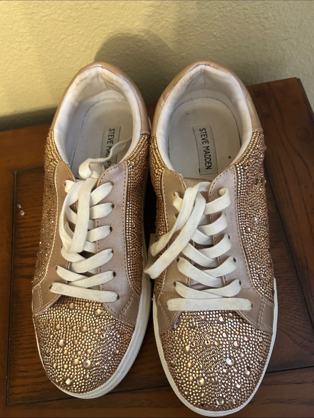 Steve Madden Rose Gold Crystal Embellished Lace-Up Sneakers